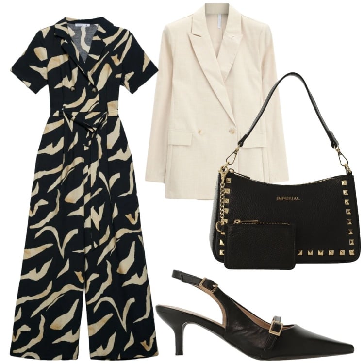 Outfit donna - Serate. Stile Chic per Serata fuori. Abbinamento con tute, sandali col tacco, borse a spalla, blazer.