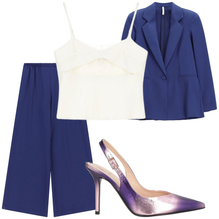 Outfit donna - Cerimonia. Stile Glamour per Cerimonia. Abbinamento con décolleté, blazer, pantaloni a palazzo, canottiere.