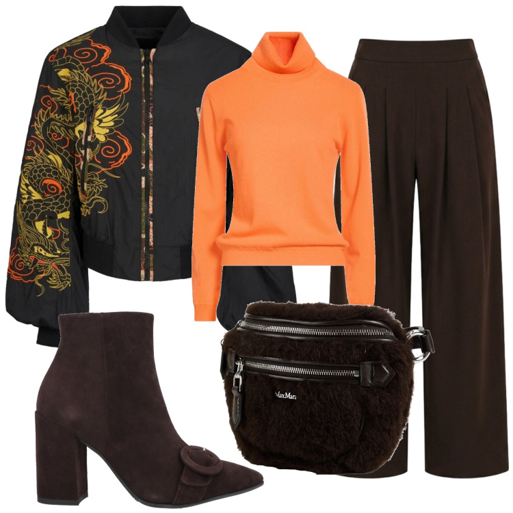 Outfit donna - Total look #2404351. Stile Trendy per Tutti i giorni. Abbinamento con stivaletti, maglieria, marsupi, pantaloni a palazzo, bomber.