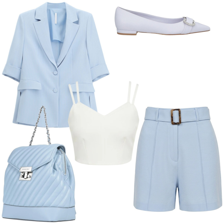 Outfit donna - Warm weather outfit. Stile Chic per Tutti i giorni. Abbinamento con zaini, ballerine, blazer, top, shorts.