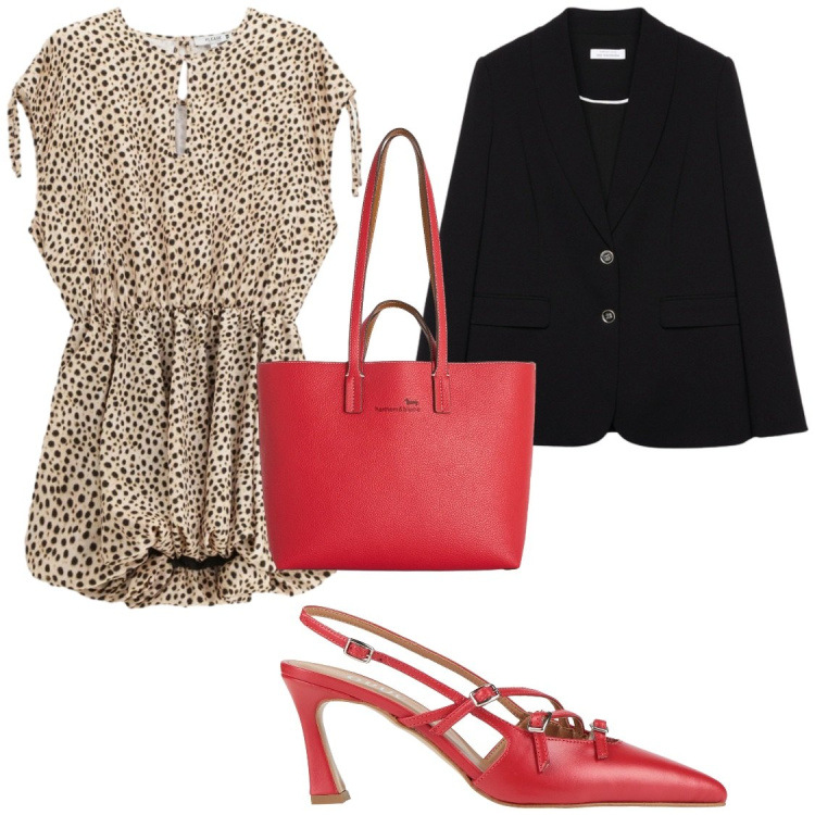 Outfit donna - Maculato, rosso e nerto. Stile Glamour per Serata fuori. Abbinamento con décolleté, shopping bag, vestiti corti, blazer.
