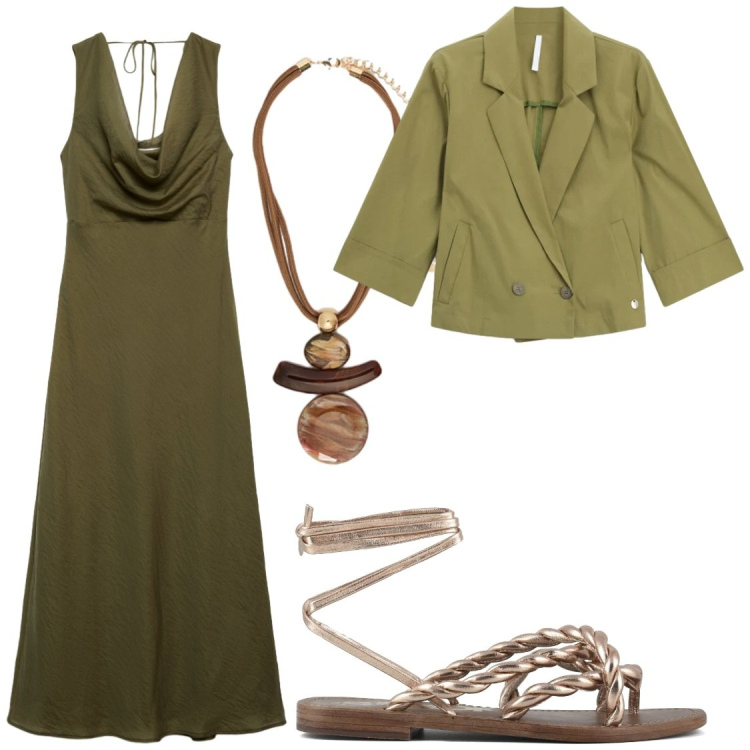 Outfit donna - Verde. Stile Glamour per Serata fuori. Abbinamento con vestiti lunghi, blazer, ciondoli, sandali in pelle.