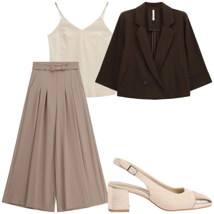 Outfit donna - Ufficio. Stile Chic per Ufficio. Abbinamento con décolleté, pantaloni a palazzo, blazer, canottiere.