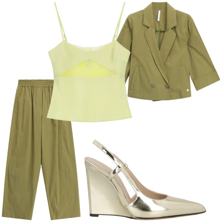 Outfit donna - Serate. Stile Glamour per Serata fuori. Abbinamento con décolleté, canottiere, pantaloni, blazer.