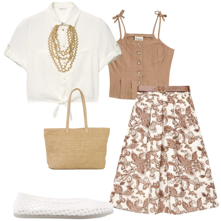 Outfit donna - Look da giornata all\' aperto. Stile Casual chic per Tutti i giorni. Abbinamento con top, shopping bag, gonne lunghe, camicie a manica corta, collane, ballerine.