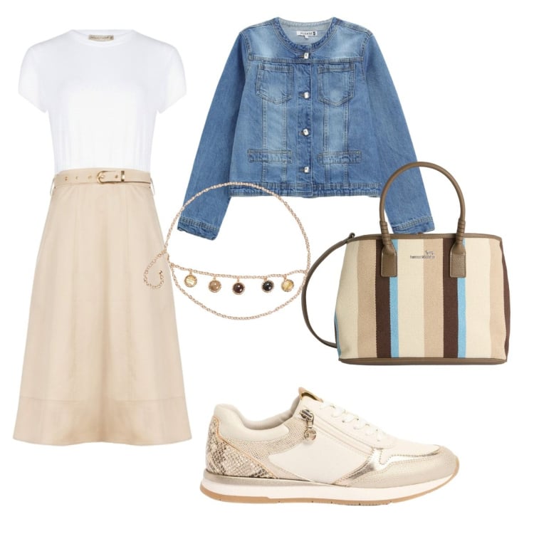 Outfit donna - Primavera casual. Stile Casual per Tutti i giorni. look ideale per Tall. Abbinamento con sneakers, cinture, vestiti midi/longuette, shopping bag, blazer.