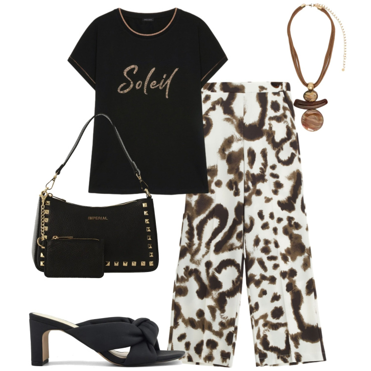Outfit donna - Maggio. Stile Urban per Tutti i giorni. Abbinamento con pantaloni a palazzo, borse a spalla, t-shirt, ciondoli, sandali col tacco.