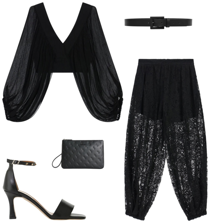 Outfit donna - Total black. Stile Chic per Serata fuori. Abbinamento con cinture, pantaloni a palazzo, top, sandali col tacco, anelli.
