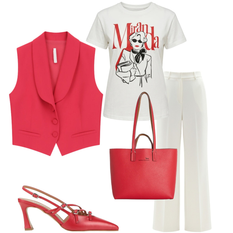 Outfit donna - Miranda. Stile Casual chic per Serata fuori. Abbinamento con décolleté, pantaloni a palazzo, t-shirt, gilet, shopping bag.