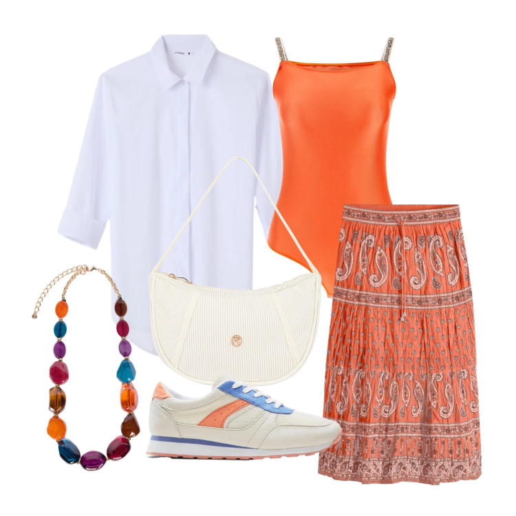 Outfit donna - Maggio. Stile Boho per Tutti i giorni. Abbinamento con sneakers, gonne lunghe, camicie, collane, top, borse a mano.