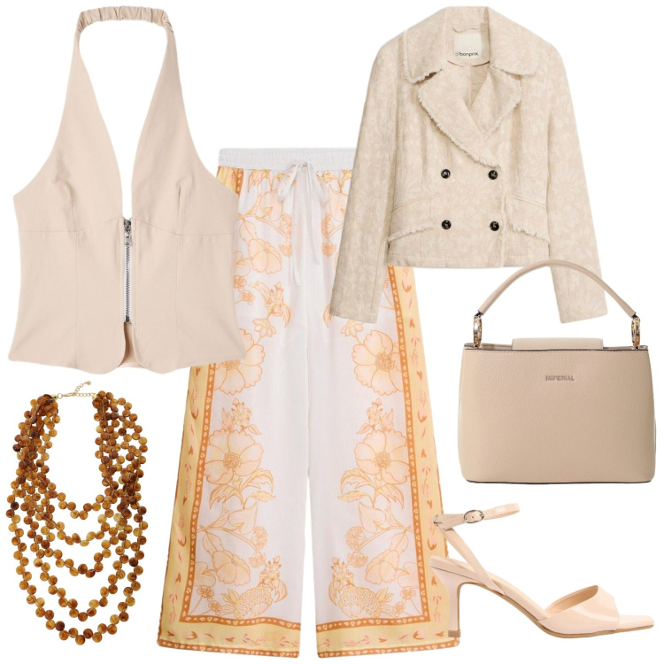 Outfit donna - Cerimonia estiva. per Cerimonia. Abbinamento con pantaloni a palazzo, sandali col tacco, blazer, top, borse a secchiello, collane.