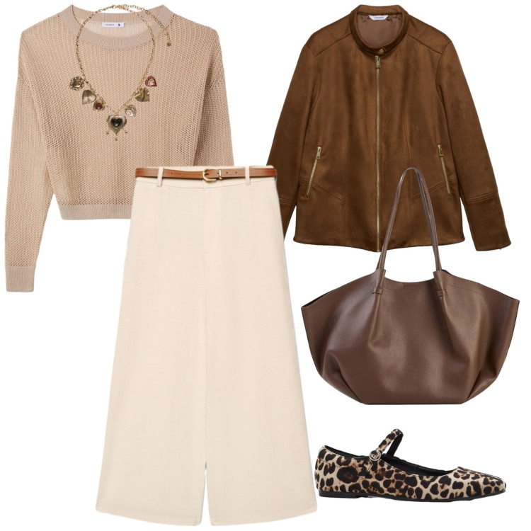 Outfit donna - Maggio pazzarello. per Tutti i giorni. Abbinamento con ballerine, shopping bag, maglieria, pantaloni a palazzo, giacche, collane.