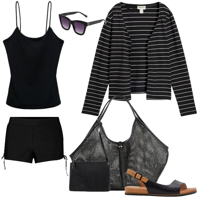 Outfit donna - Total look #2404373. Stile Basic per Mare. Abbinamento con sandali, shopping bag, cardigans, pantaloni corti, occhiali da sole, canottiere.
