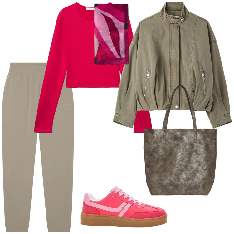 Outfit donna - Comoda. per Tutti i giorni. Abbinamento con sneakers, bomber, shopping bag, t-shirt, pantaloni, foulard.