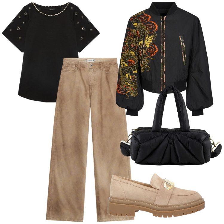 Outfit donna - Uscita con amici. per Serata fuori. Abbinamento con mocassini, pantaloni a palazzo, t-shirt, bomber, borse a mano.