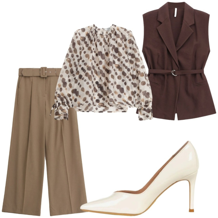 Outfit donna - Ufficio. Stile Chic per Ufficio. Abbinamento con décolleté, gilet, bluse, pantaloni a palazzo.