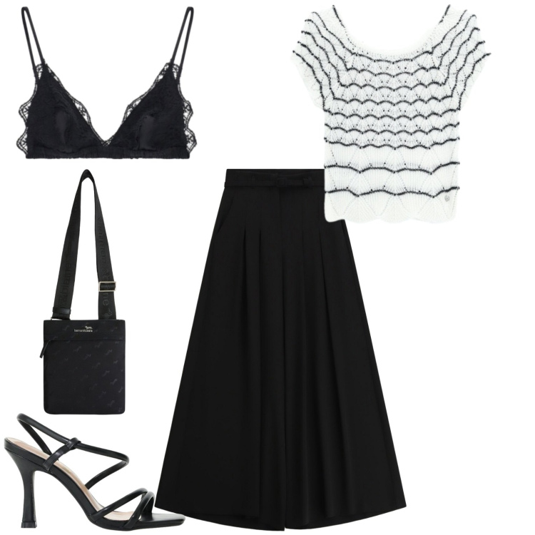 Outfit donna - Serata estiva. Stile Casual chic per Serata fuori. Abbinamento con pantaloni a palazzo, reggiseni, sandali col tacco, borse a tracolla, canottiere.