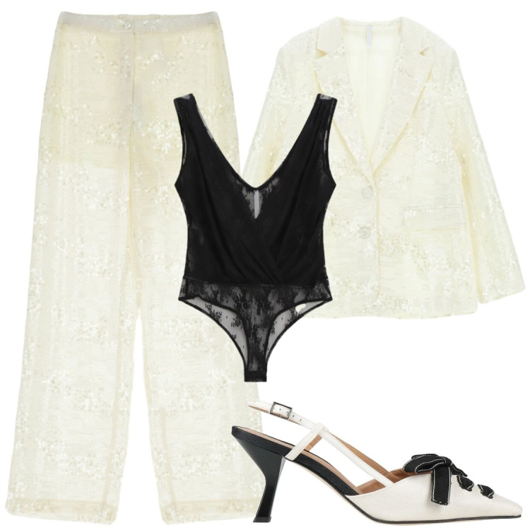 Outfit donna - Black&WHITE. Stile Glamour per Serata fuori. Abbinamento con décolleté, pantaloni a palazzo, top, blazer.