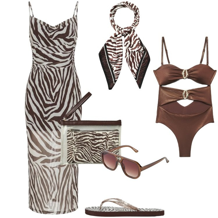 Outfit donna - Total look #2404382. Stile Urban per Mare. Abbinamento con occhiali da sole, costumi interi, vestiti lunghi, pochette, foulard, infradito.