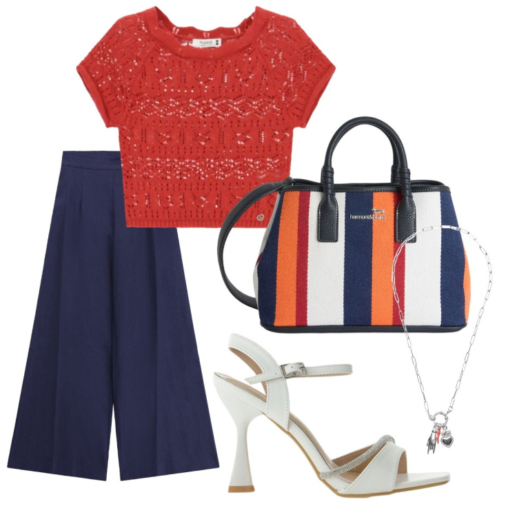 Outfit donna - Il top crochet. Stile Bon Ton per Ufficio. Abbinamento con shopping bag, top, sandali gioiello, pantaloni a palazzo, ciondoli.