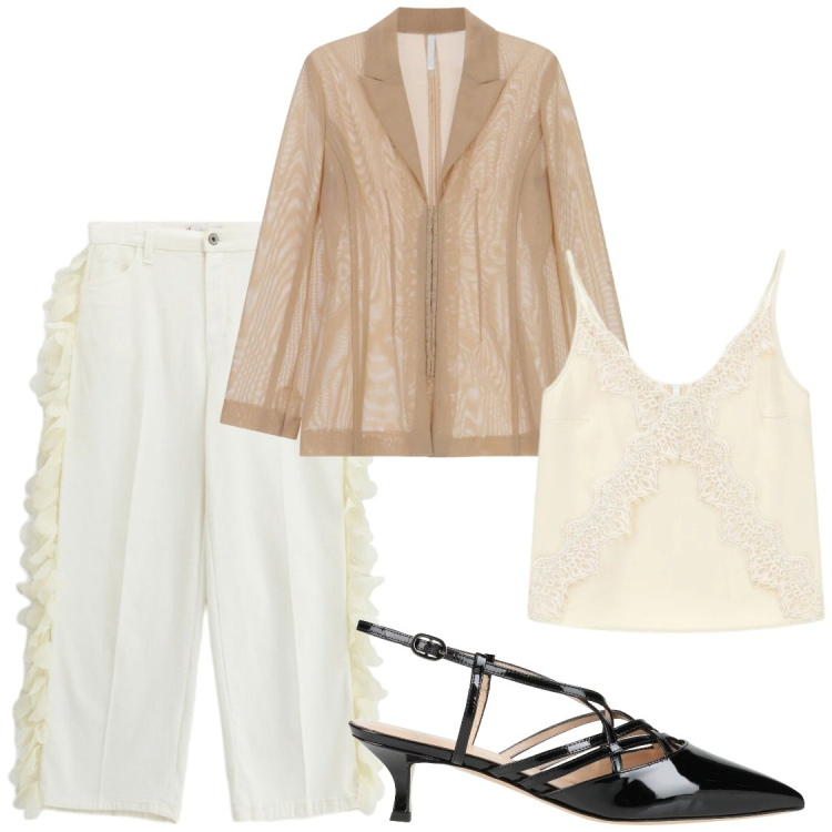 Outfit donna - Glamour. Stile Glamour per Serata fuori. Abbinamento con décolleté, blazer, canottiere, pantaloni.