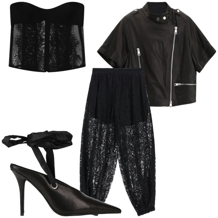 Outfit donna - Dark. Stile Glamour per Serata fuori. Abbinamento con décolleté, pantaloni a palazzo, top, giacche.