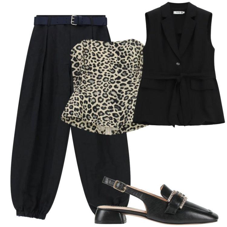 Outfit donna - Serate. Stile Glamour per Serata fuori. Abbinamento con décolleté, pantaloni, top, gilet.