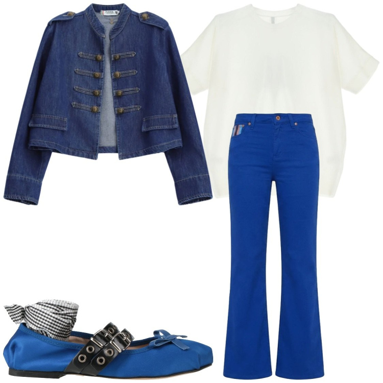 Outfit donna - Le ballerine diverse. Stile Glamour per Ufficio. Abbinamento con ballerine, t-shirt, pantaloni, blazer.