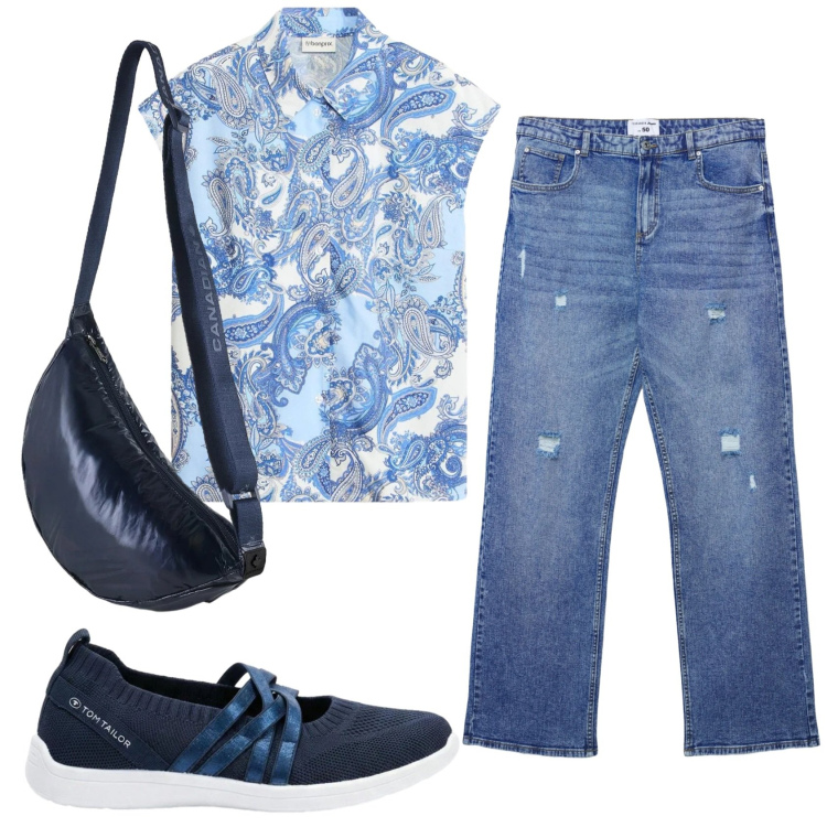 Outfit donna - Total look #2404390. Stile Casual per Tutti i giorni. Abbinamento con camicie a manica corta, sneakers, jeans strappati, borse a tracolla.
