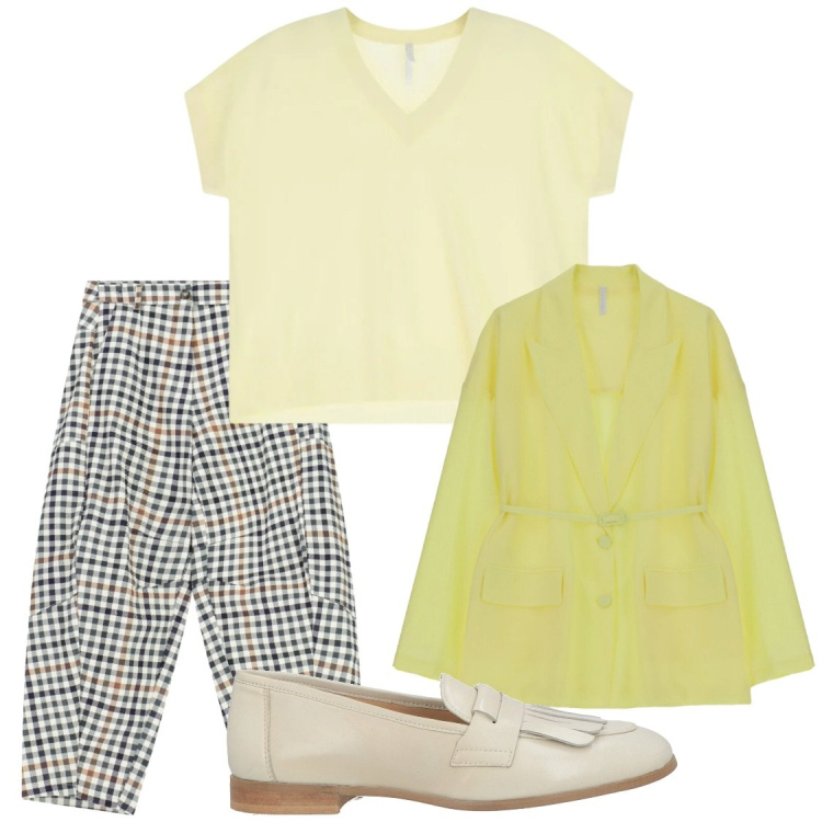 Outfit donna - Ufficio. Stile Glamour per Ufficio. Abbinamento con mocassini, pantaloni a palazzo, blazer, t-shirt.