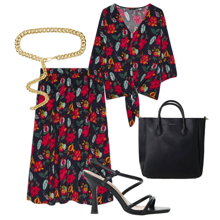 Outfit donna - Floreale da mattina a sera. Stile Glamour per Tutti i giorni. Abbinamento con borse a tracolla, sandali col tacco, cinture, gonne longuette, bluse.