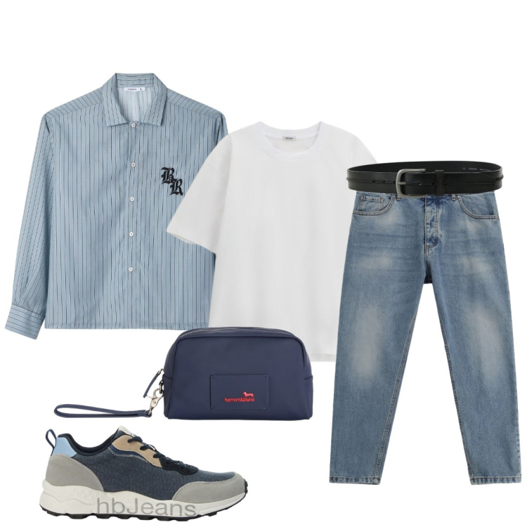 Outfit uomo - Maggio monocromatico. Stile Casual per Tutti i giorni. Abbinamento con camicie, jeans, t-shirt, cinture, sneakers, borse sportive.