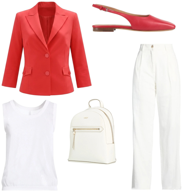 Outfit donna - Look energico e stiloso. Stile Trendy per Tutti i giorni. Abbinamento con zaini, ballerine, top, pantaloni, blazer.