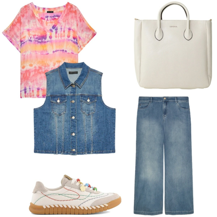Outfit donna - Colore. Stile 70s per Tutti i giorni. Abbinamento con borse a tracolla, bluse, gilet, jeans dritti, sneakers.