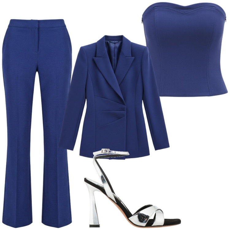 Outfit donna - Blu e argento. Stile Glamour per Cerimonia. Abbinamento con sandali in pelle, blazer, top, pantaloni.
