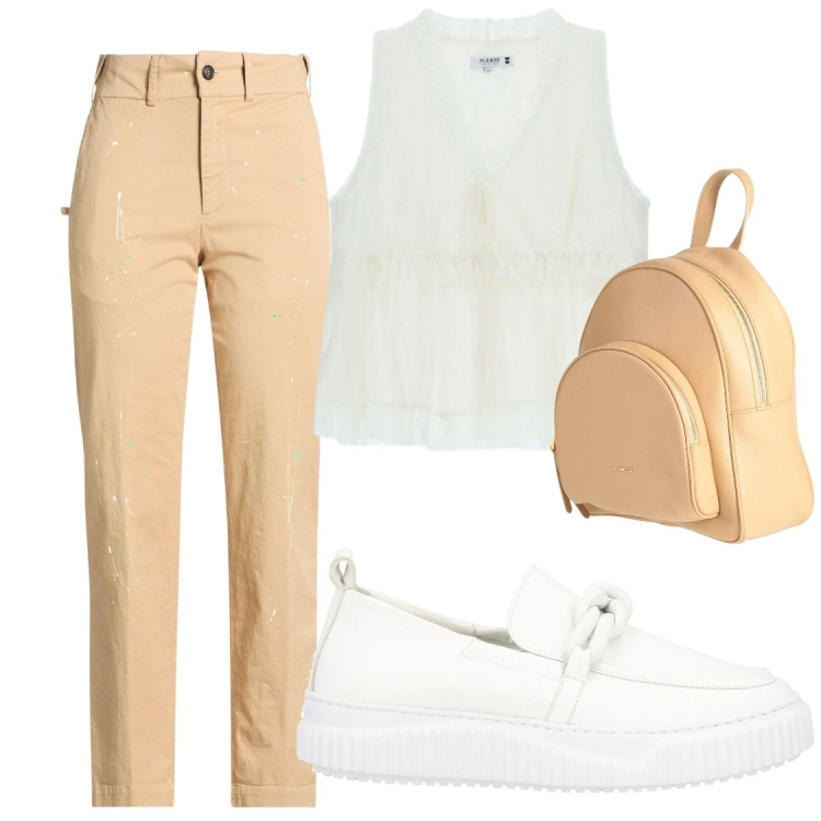 Outfit donna - All day sportychic. Stile Casual chic per Scuola/Università. Abbinamento con mocassini, zaini, pantaloni, top.