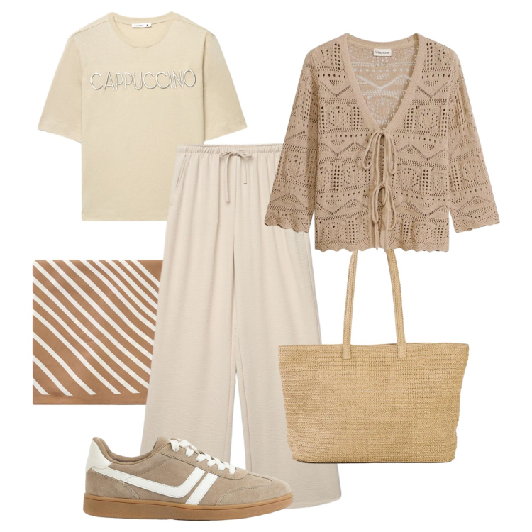 Outfit donna - All’aria aperta con stile. Stile Casual per Tutti i giorni. Abbinamento con cardigans, shopping bag, sneakers, pantaloni, t-shirt, foulard.