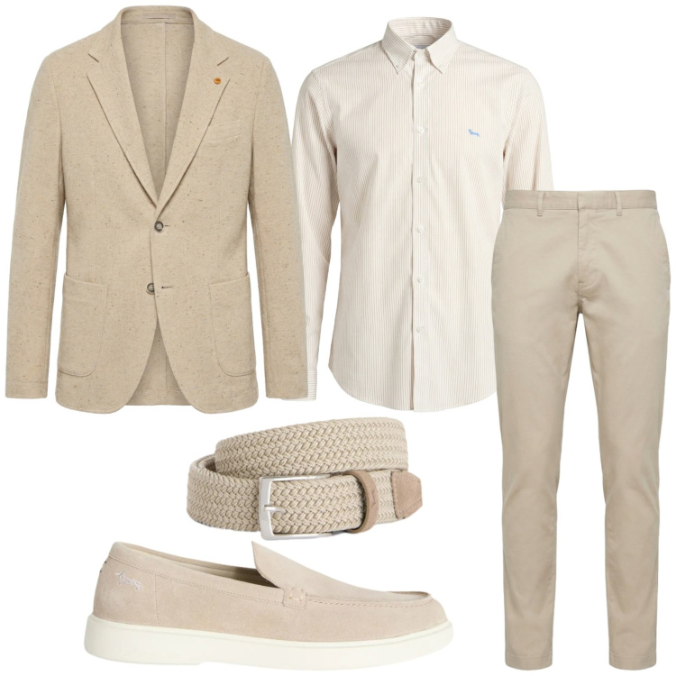Outfit uomo - Look monocromatico chiaro. Stile Trendy per Ufficio. Abbinamento con cinture, scarpe stringate, camicie, pantaloni, giacche.