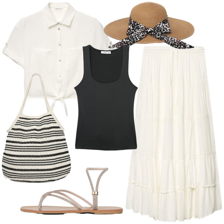 Outfit donna - summer in white boho. Stile Boho per Mare. Abbinamento con gonne lunghe, canottiere, camicie a manica corta, sandali, shopping bag, cappelli.