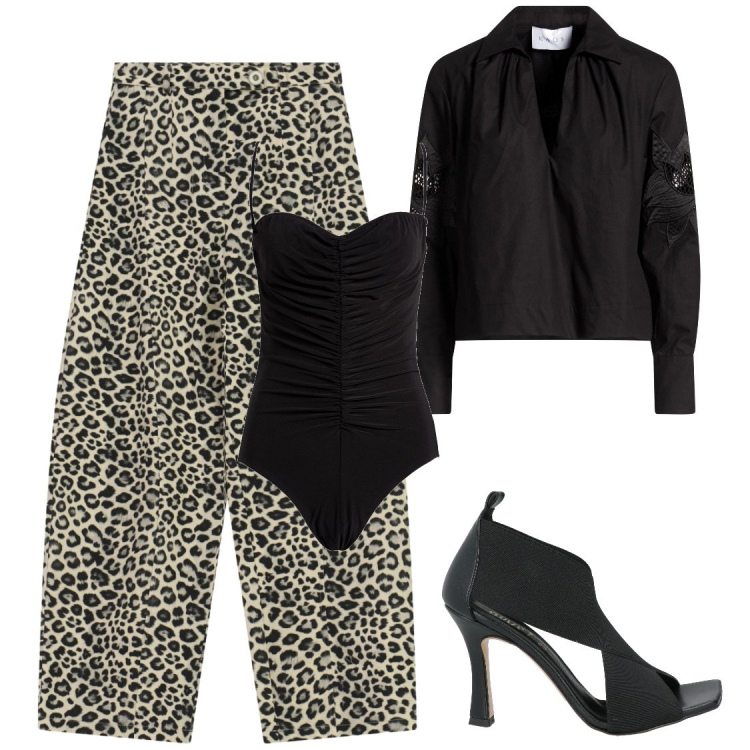 Outfit donna - Serate. Stile Glamour per Serata fuori. Abbinamento con body, sandali in pelle, top, pantaloni.