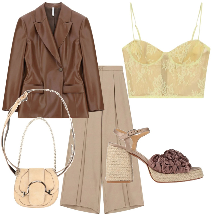 Outfit donna - Stile disinvolto. Stile Trendy per Tutti i giorni. Abbinamento con marsupi, espadrillas, blazer, canottiere, pantaloni a palazzo.