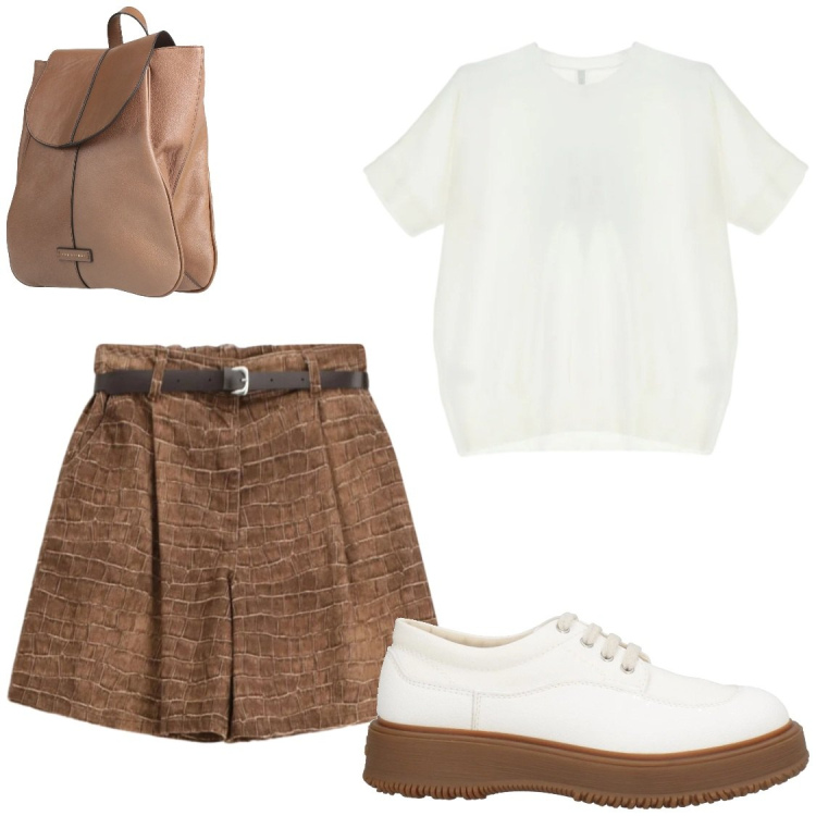 Outfit donna - Università. Stile Chic per Scuola/Università. Abbinamento con scarpe stringate, zaini, t-shirt, bermuda.