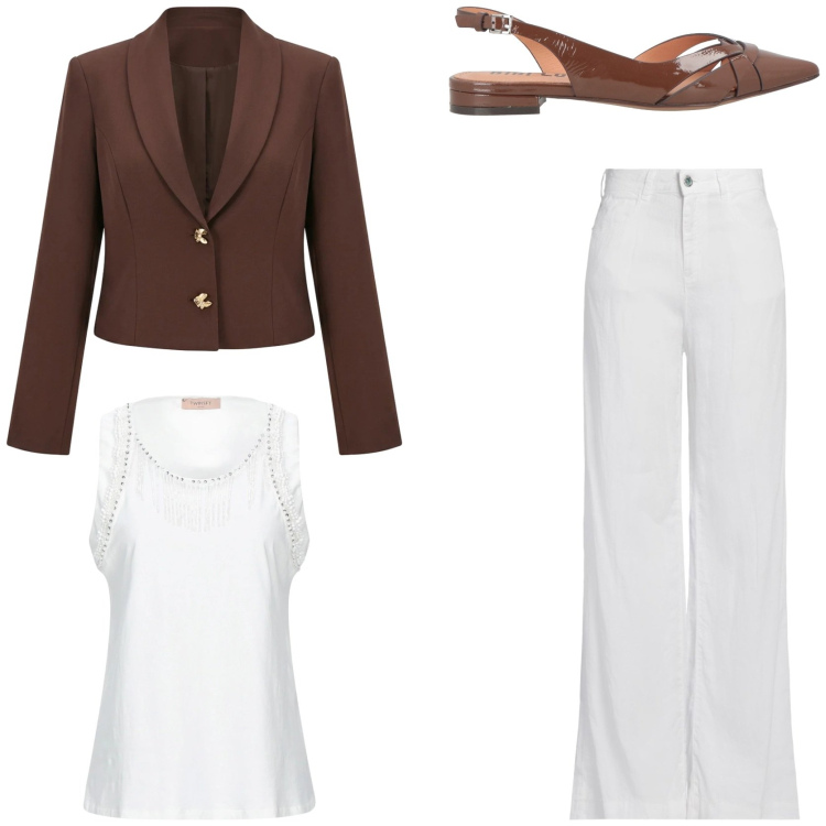 Outfit donna - Mix curato e raffinato. Stile Chic per Tutti i giorni. Abbinamento con ballerine, top, jeans, blazer.