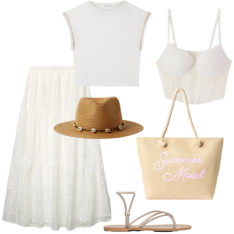 Outfit donna - White Boho Mood. Stile Boho per Tutti i giorni. Abbinamento con gonne lunghe, t-shirt, borse tote, bralette, cappelli, sandali.