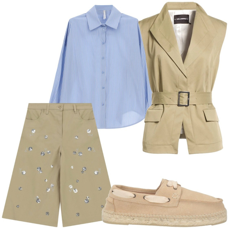 Outfit donna - Universita. Stile Glamour per Scuola/Università. Abbinamento con cinture, mocassini, camicie, bermuda.