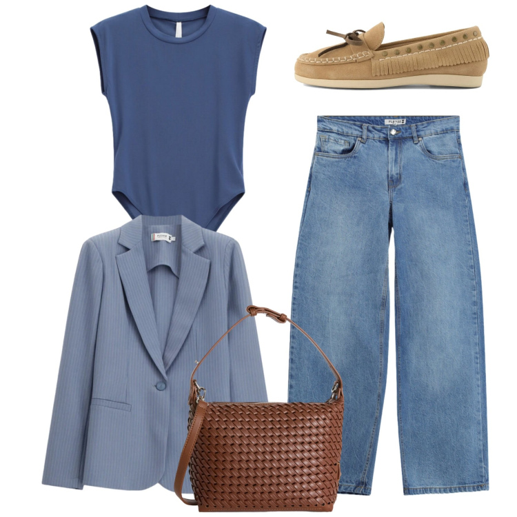 Outfit donna - Total look. Stile Casual per Tutti i giorni. Abbinamento con borse a spalla, blazer, jeans, t-shirt, mocassini.