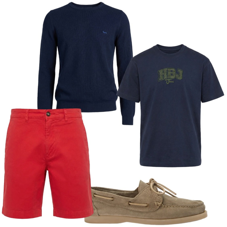 Outfit uomo - Con la maglia sulle spalle. Stile Casual per Serata speciale. Abbinamento con pullovers, scarpe stringate, bermuda, t-shirt.