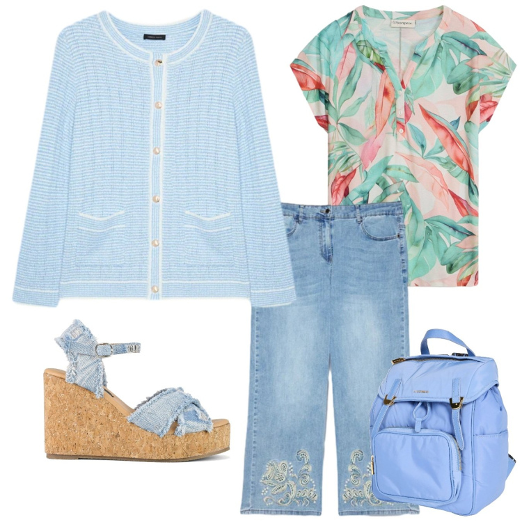 Outfit donna - La magia del celeste. Stile Bon Ton per Mare. Abbinamento con zaini, t-shirt, cardigans, jeans, zeppe.
