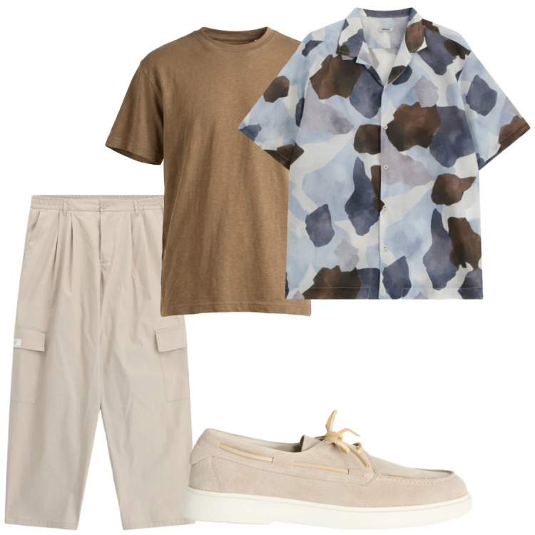 Outfit uomo - Serate. Stile Casual per Serata speciale. Abbinamento con scarpe stringate, t-shirt, camicie a manica corta, pantaloni cargo.