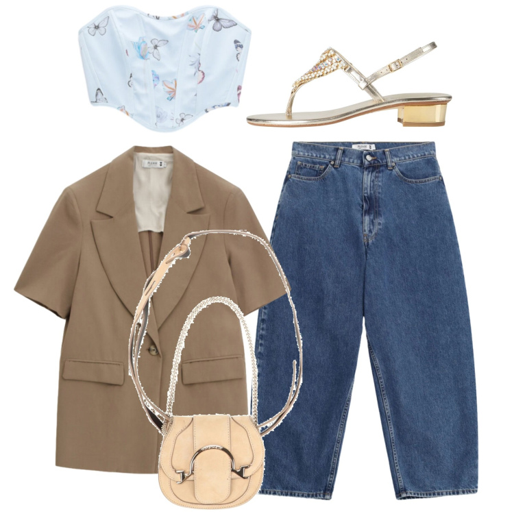 Outfit donna - Total look. Stile Casual chic per Tutti i giorni. Abbinamento con marsupi, infradito, top, jeans, blazer.